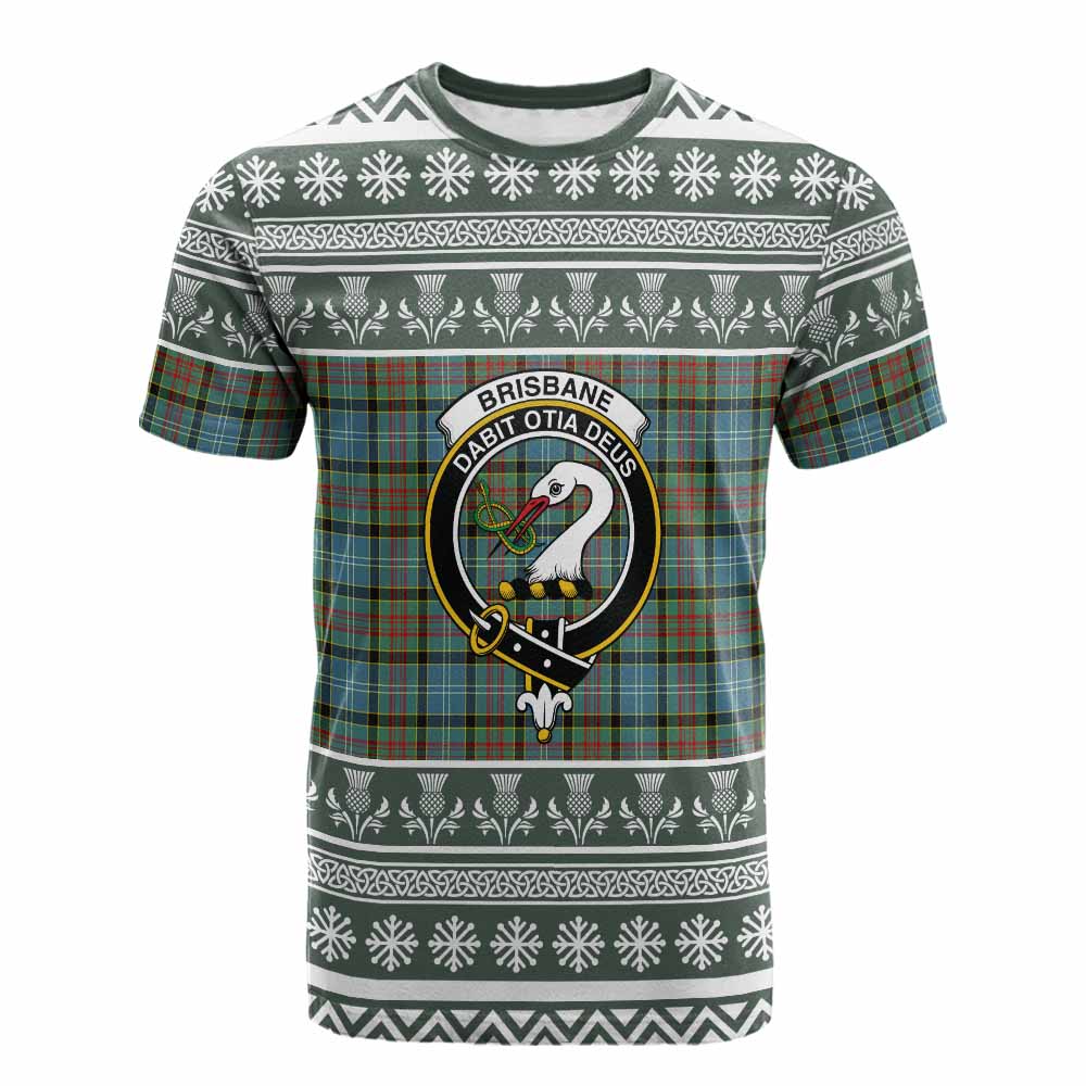 Brisbane Clan Tartan Christmas Cotton T-shirt with Family Crest - Tartan Vibes Clothing