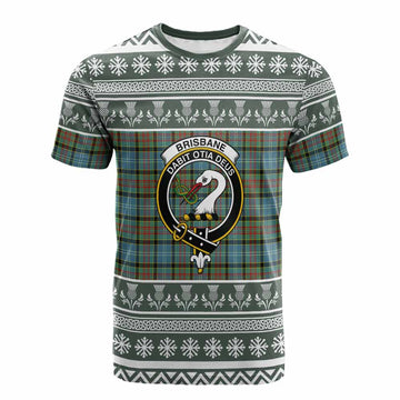 Brisbane Clan Tartan Christmas Cotton T-shirt with Family Crest