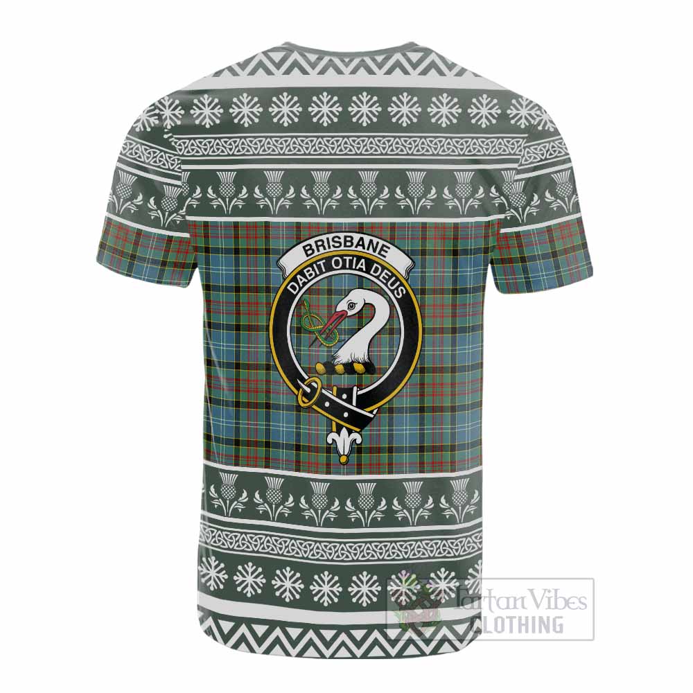 Brisbane Clan Tartan Christmas Cotton T-shirt with Family Crest - Tartan Vibes Clothing