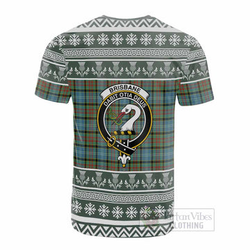 Brisbane Clan Tartan Christmas Cotton T-shirt with Family Crest