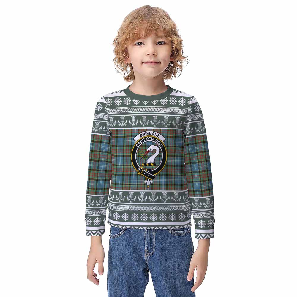 Brisbane Clan Tartan Christmas Kid Ugly Sweatshirt with Family Crest - Tartan Vibes Clothing