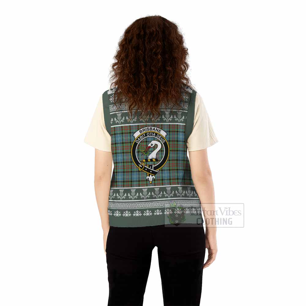 Brisbane Clan Tartan Christmas Knitted V-Neck Vest with Family Crest - Tartan Vibes Clothing