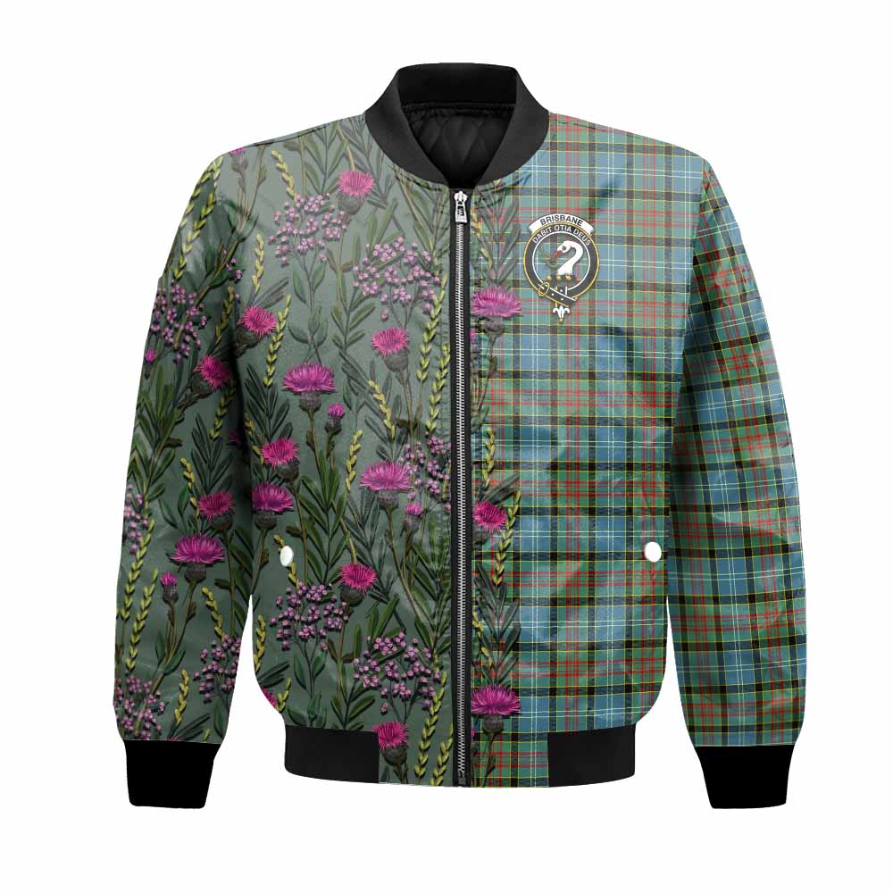 Brisbane Family Crest Tartan Bomber Jacket Scottish Thistle Flower Pattern Half Style - Tartan Vibes Clothing