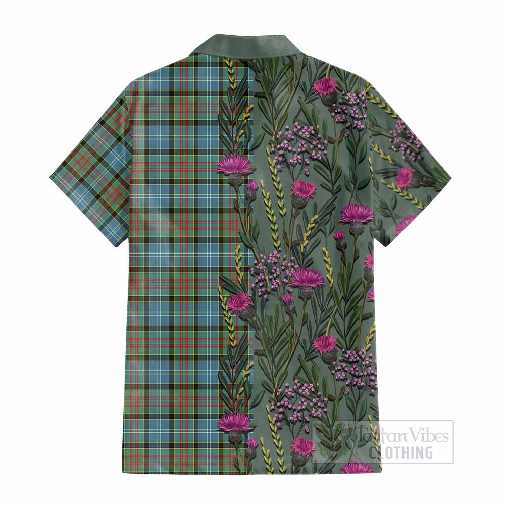 Brisbane Family Crest Tartan Cotton Hawaiian Shirt Scottish Thistle Flower Pattern Half Style - Tartan Vibes Clothing