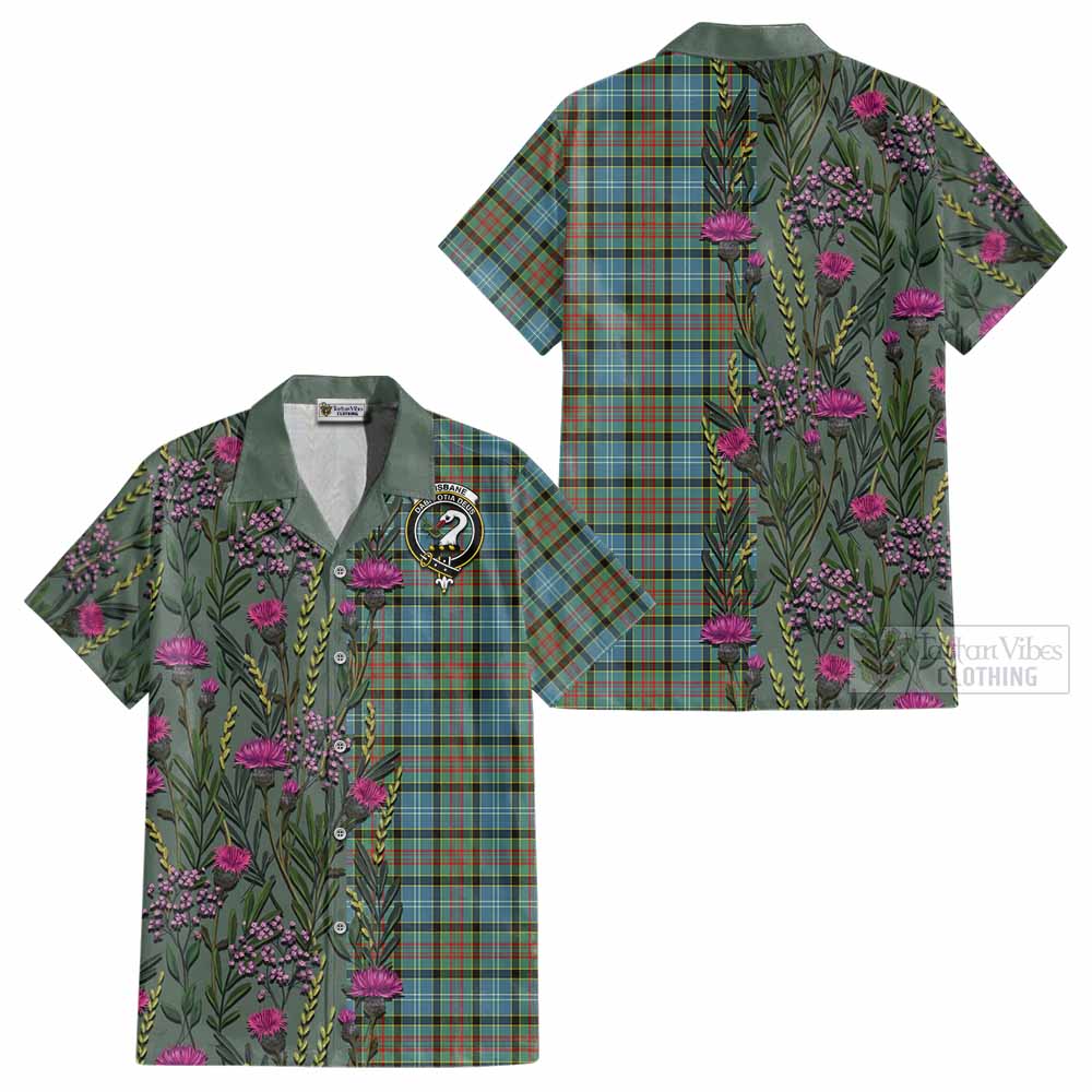 Brisbane Family Crest Tartan Cotton Hawaiian Shirt Scottish Thistle Flower Pattern Half Style - Tartan Vibes Clothing