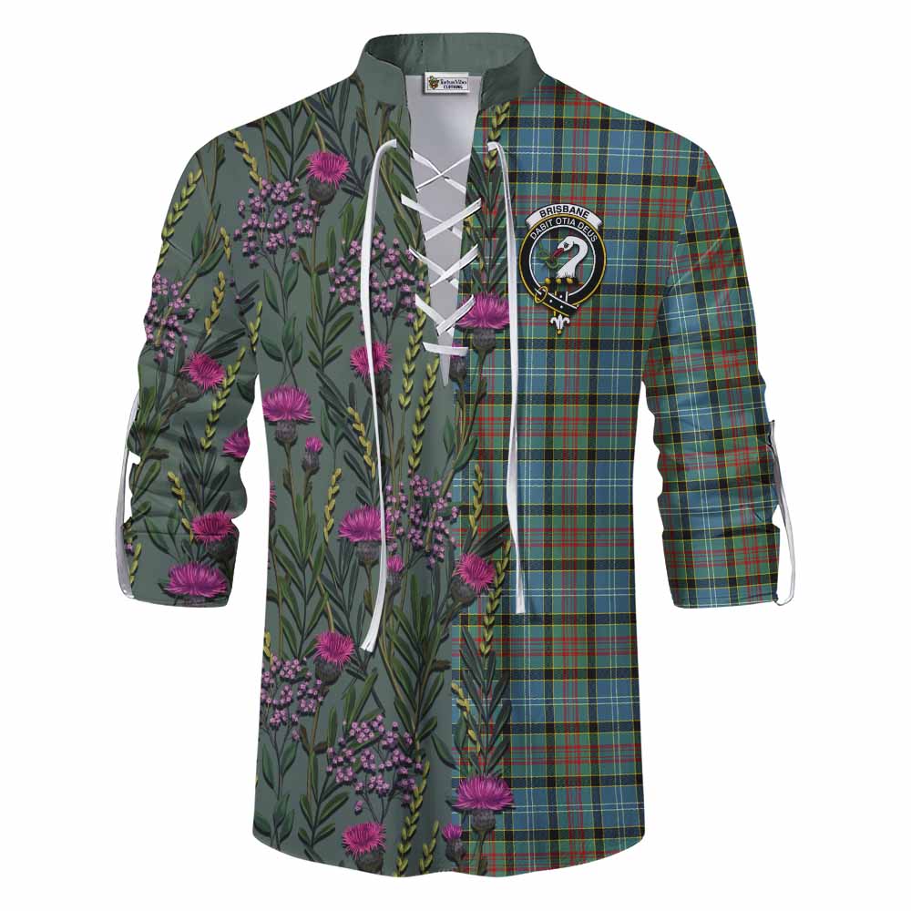 Brisbane Family Crest Tartan Ghillie Shirt Scottish Thistle Flower Pattern Half Style - Tartan Vibes Clothing