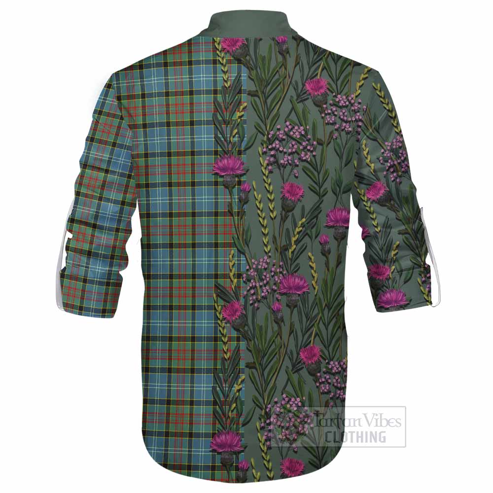 Brisbane Family Crest Tartan Ghillie Shirt Scottish Thistle Flower Pattern Half Style - Tartan Vibes Clothing