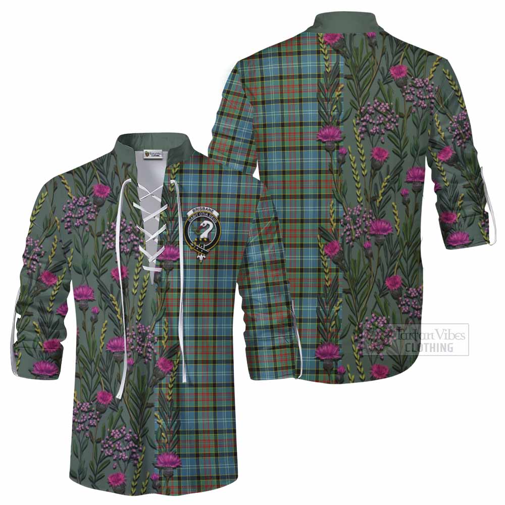 Brisbane Family Crest Tartan Ghillie Shirt Scottish Thistle Flower Pattern Half Style - Tartan Vibes Clothing