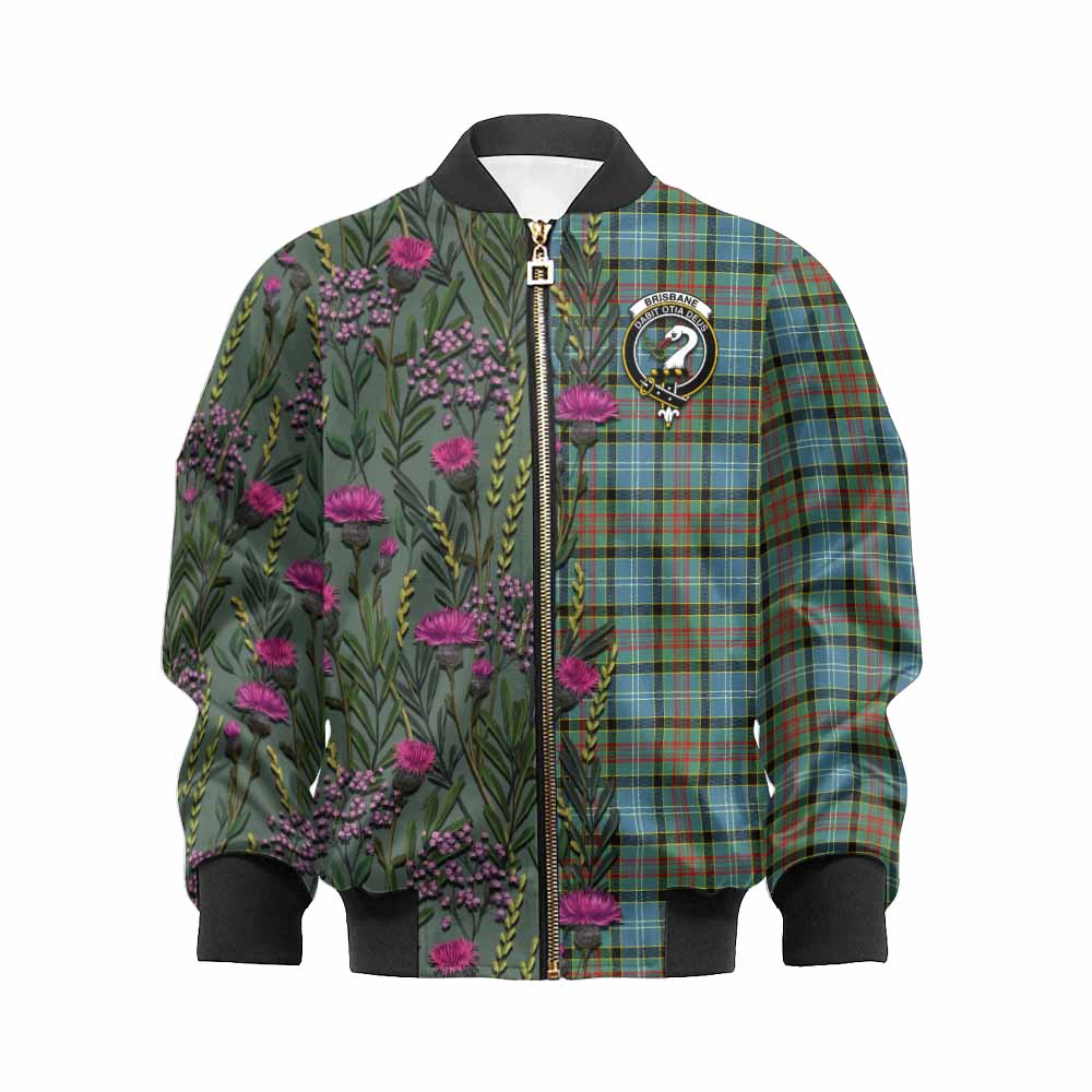 Brisbane Family Crest Tartan Kid Bomber Jacket Scottish Thistle Flower Pattern Half Style - Tartan Vibes Clothing