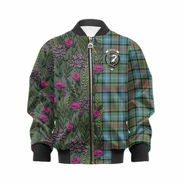 Brisbane Family Crest Tartan Kid Bomber Jacket Scottish Thistle Flower Pattern Half Style - Tartan Vibes Clothing