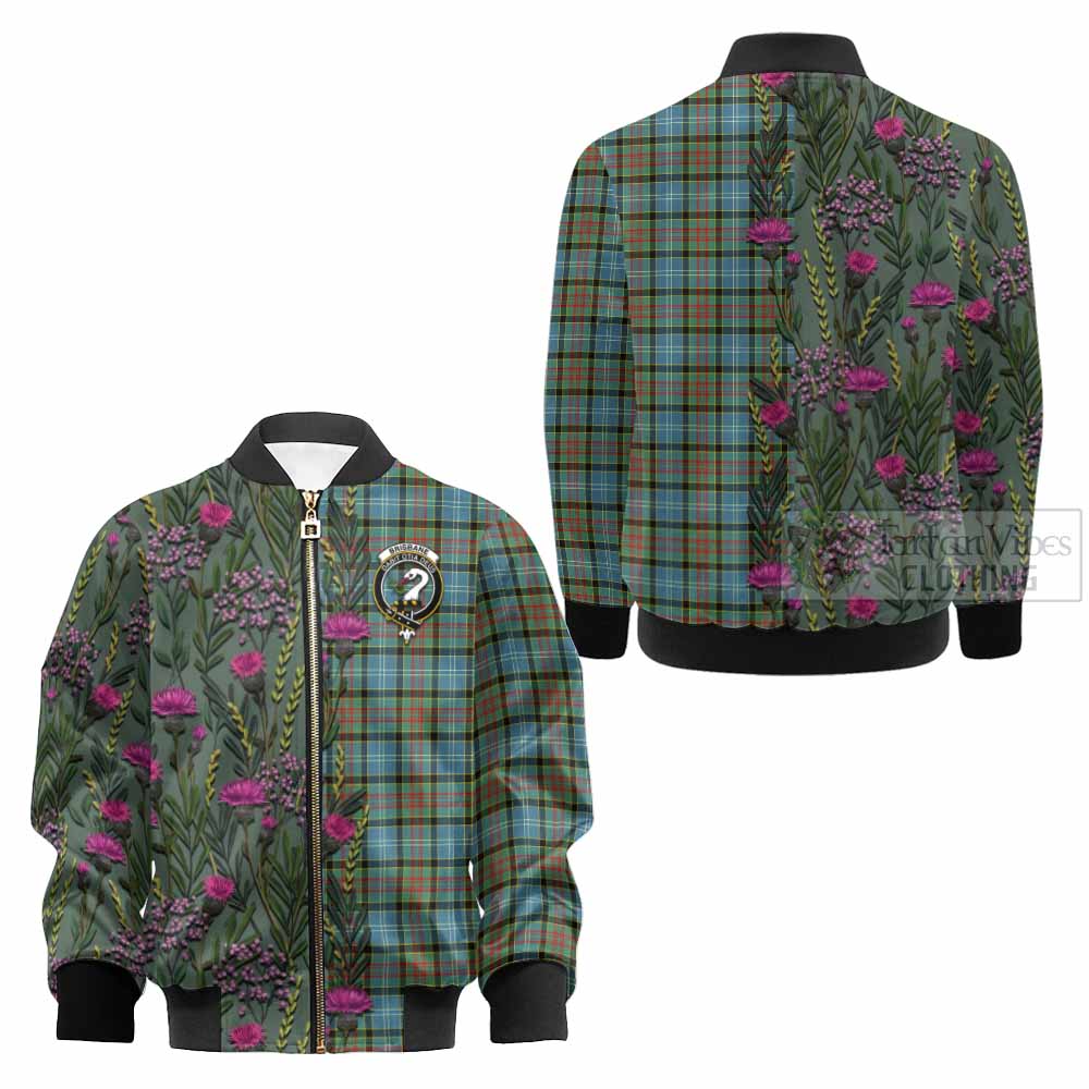 Brisbane Family Crest Tartan Kid Bomber Jacket Scottish Thistle Flower Pattern Half Style - Tartan Vibes Clothing