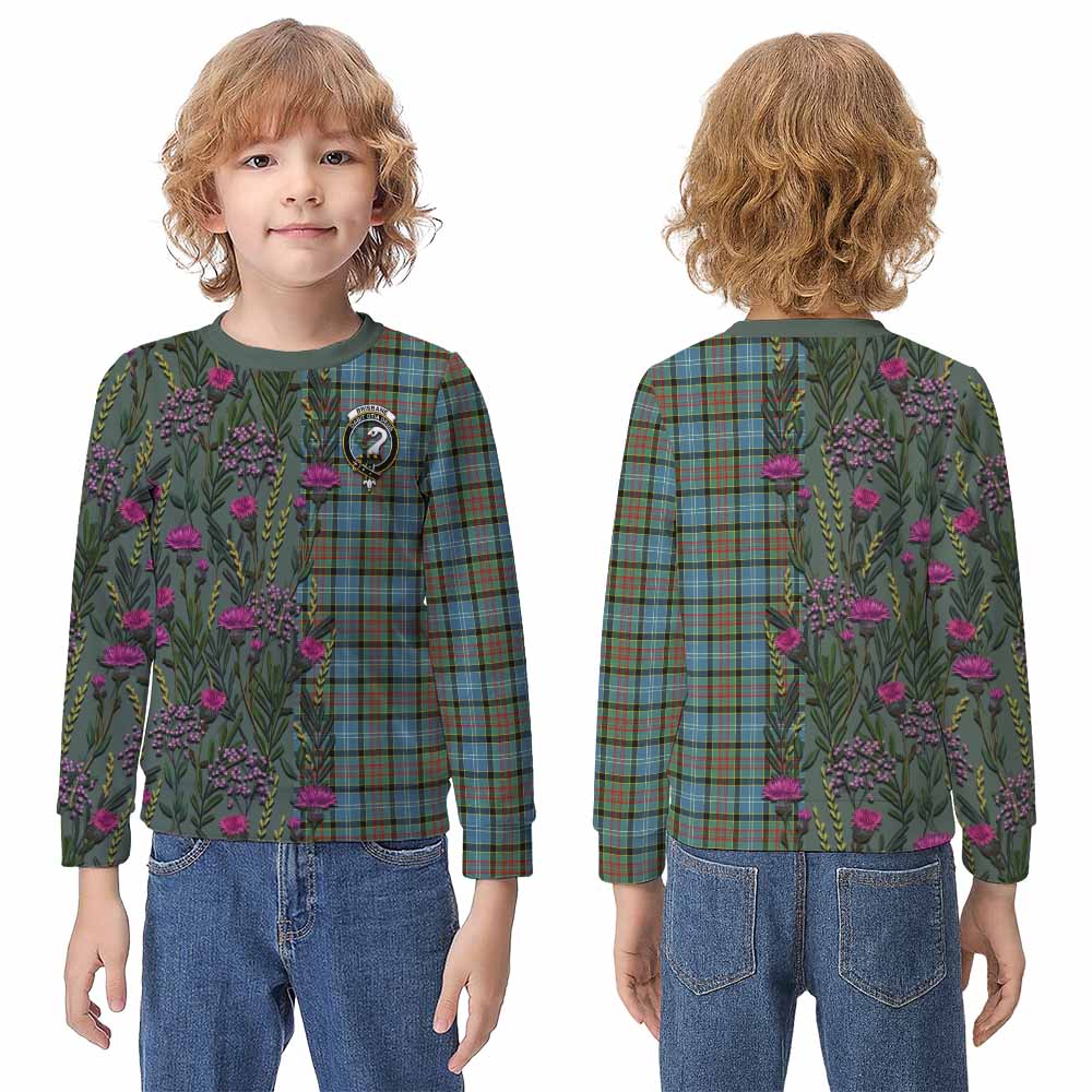 Brisbane Family Crest Tartan Kid Knitted Sweatshirt Scottish Thistle Flower Pattern Half Style - Tartan Vibes Clothing