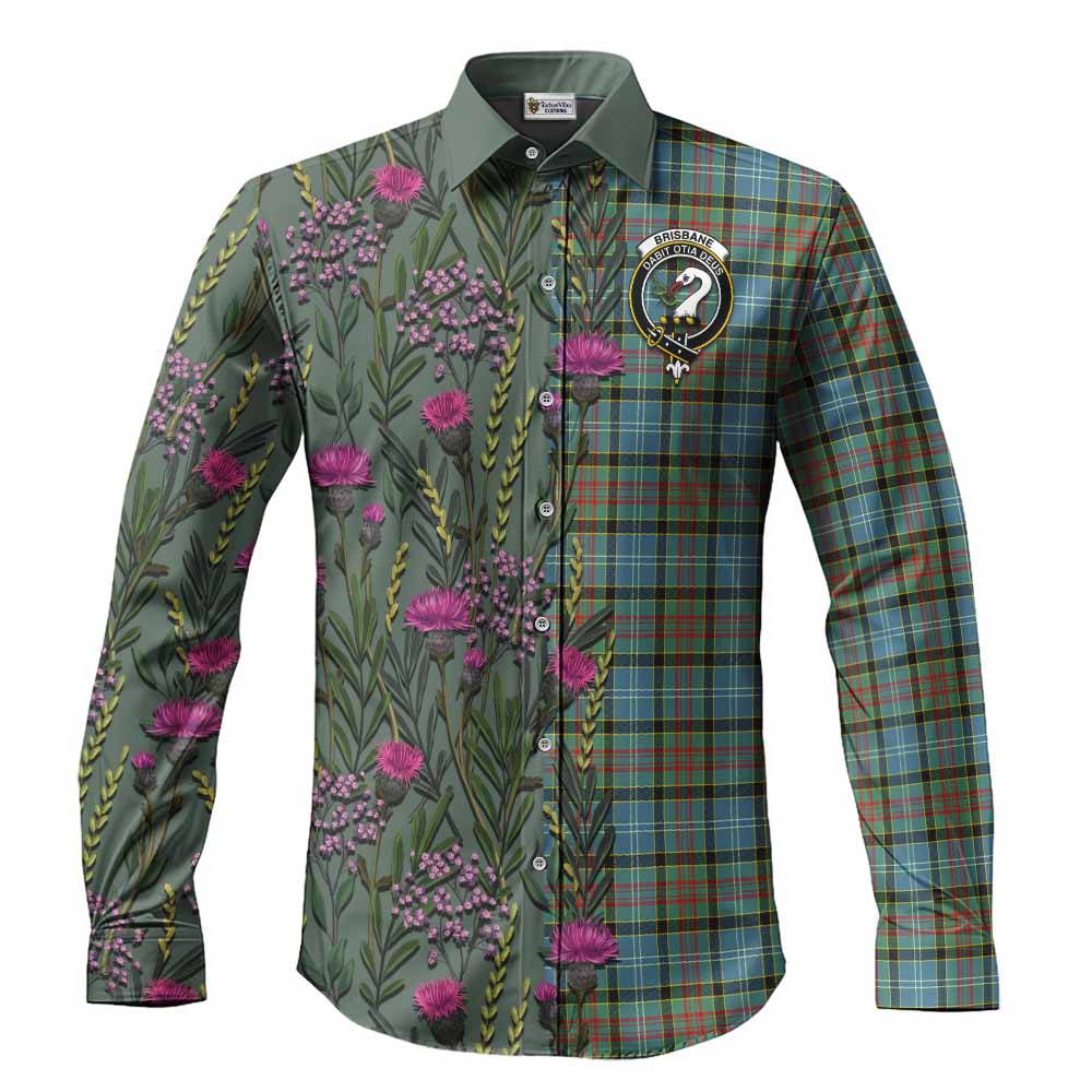 Brisbane Family Crest Tartan Long Sleeve Button Shirts Scottish Thistle Flower Pattern Half Style - Tartan Vibes Clothing