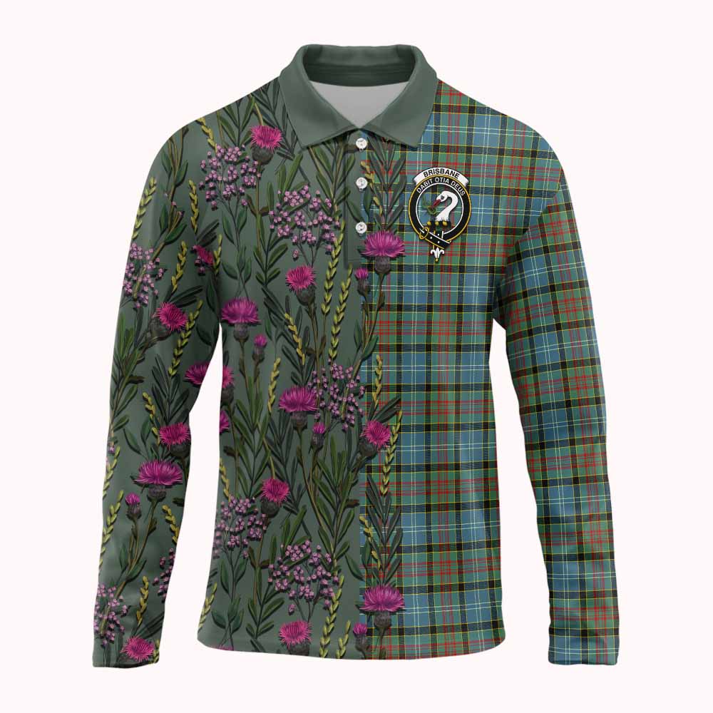 Brisbane Family Crest Tartan Long Sleeve Polo Shirt Scottish Thistle Flower Pattern Half Style - Tartan Vibes Clothing
