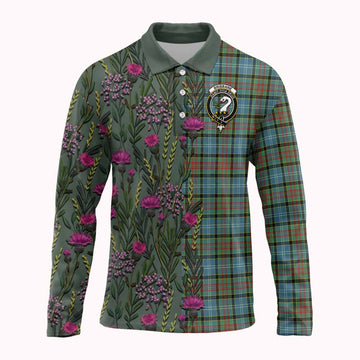 Brisbane Family Crest Tartan Long Sleeve Polo Shirt Scottish Thistle Flower Pattern Half Style