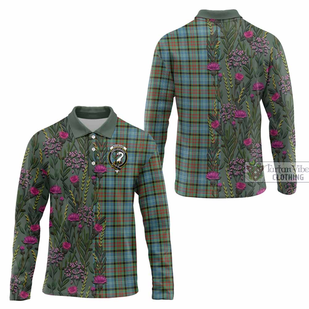 Brisbane Family Crest Tartan Long Sleeve Polo Shirt Scottish Thistle Flower Pattern Half Style - Tartan Vibes Clothing