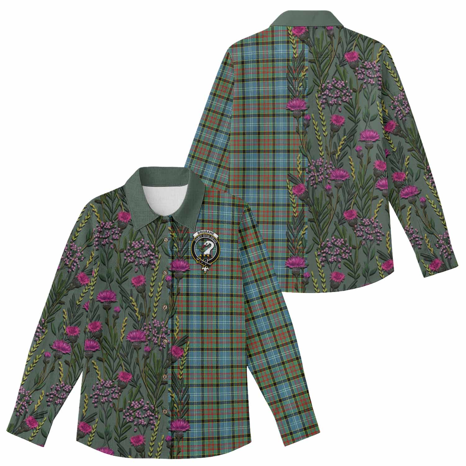 Brisbane Family Crest Tartan Women Casual Shirt Scottish Thistle Flower Pattern Half Style - Tartan Vibes Clothing
