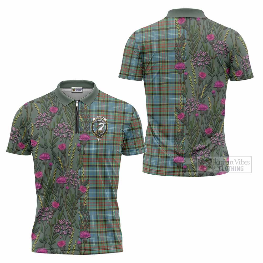 Brisbane Family Crest Tartan Zipper Polo Shirt Scottish Thistle Flower Pattern Half Style - Tartan Vibes Clothing