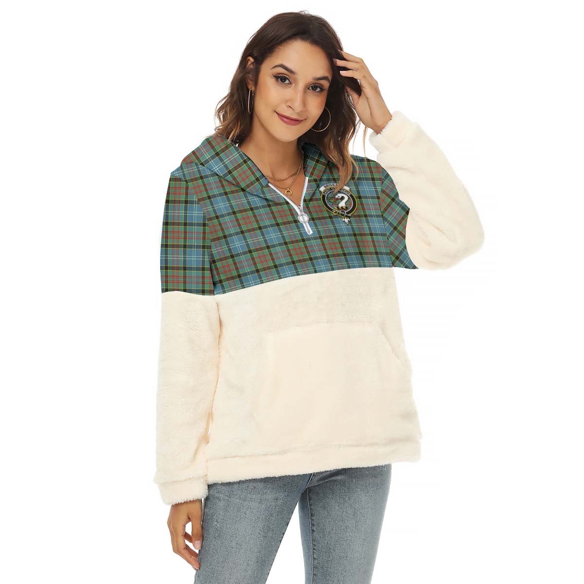 Brisbane Tartan Women's Borg Fleece Hoodie With Half Zip with Family Crest Female - Tartan Vibes Clothing
