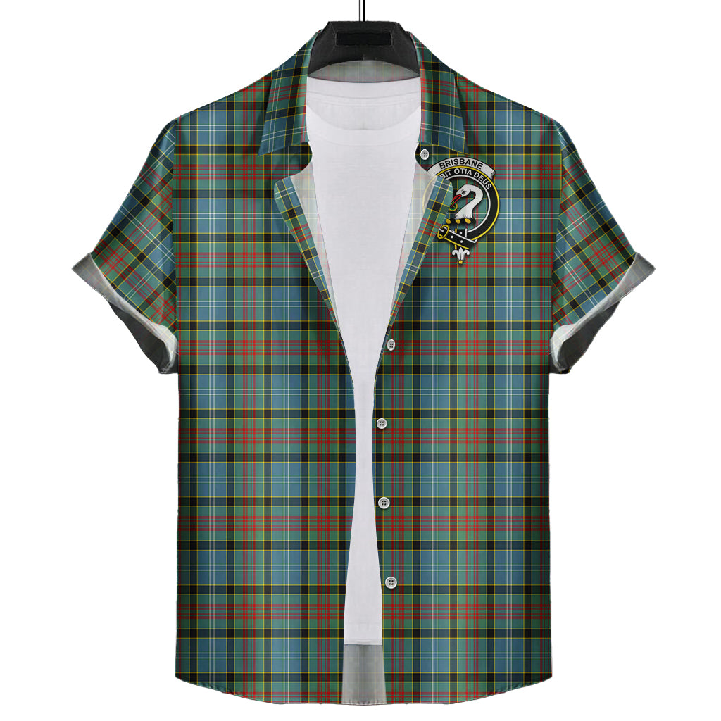 Brisbane modern Tartan Short Sleeve Button Down Shirt with Family Crest - Tartanvibesclothing