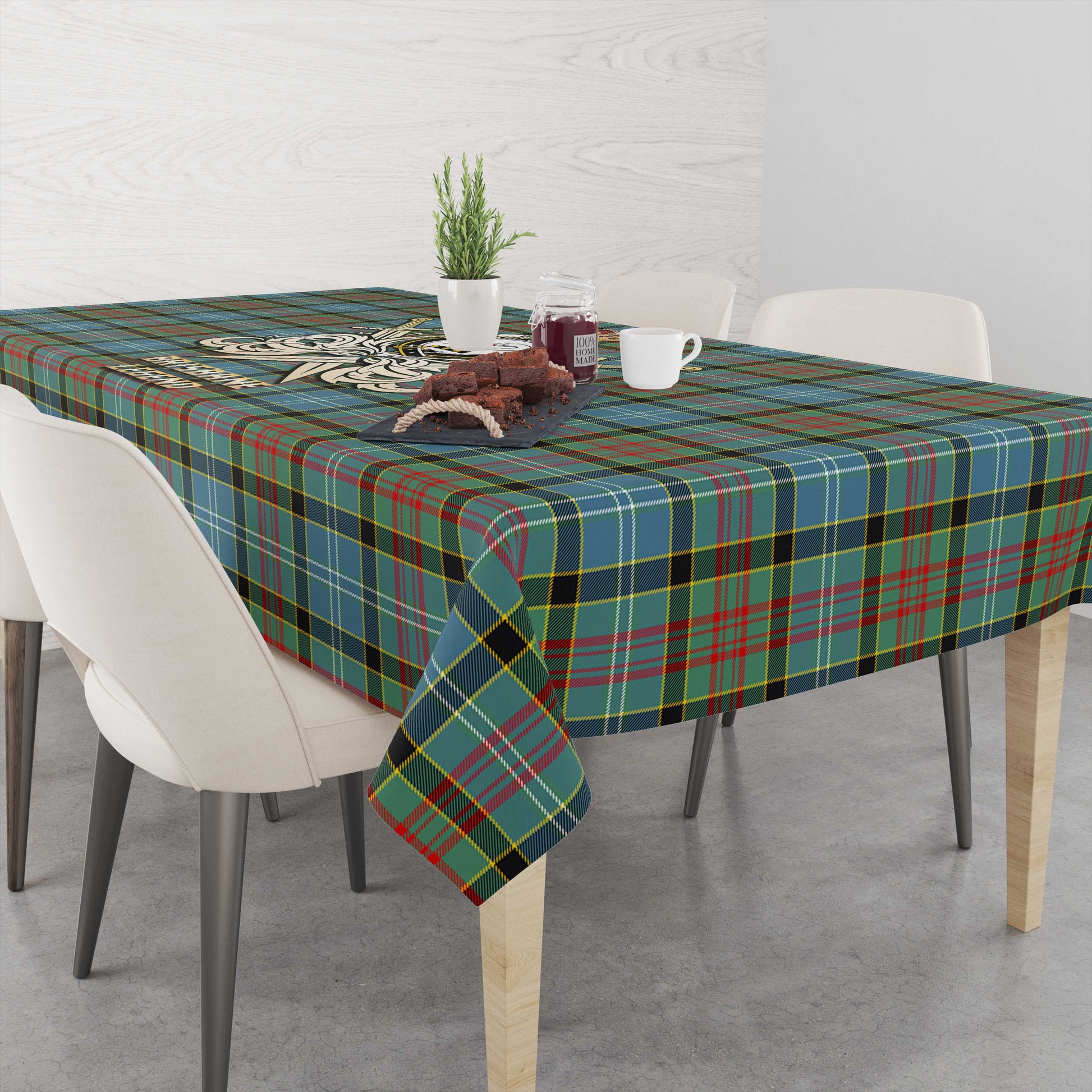 Tartan Vibes Clothing Brisbane modern Tartan Tablecloth with Clan Crest and the Golden Sword of Courageous Legacy