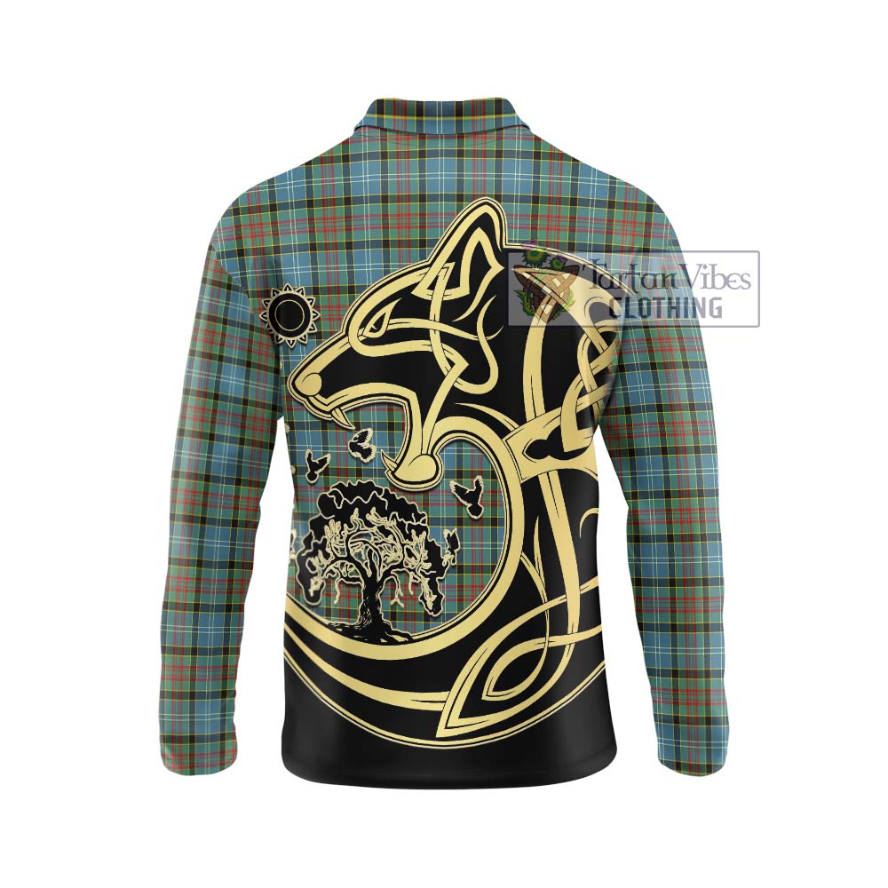 Brisbane Tartan Long Sleeve Polo Shirt with Family Crest Celtic Wolf Style - Tartanvibesclothing Shop