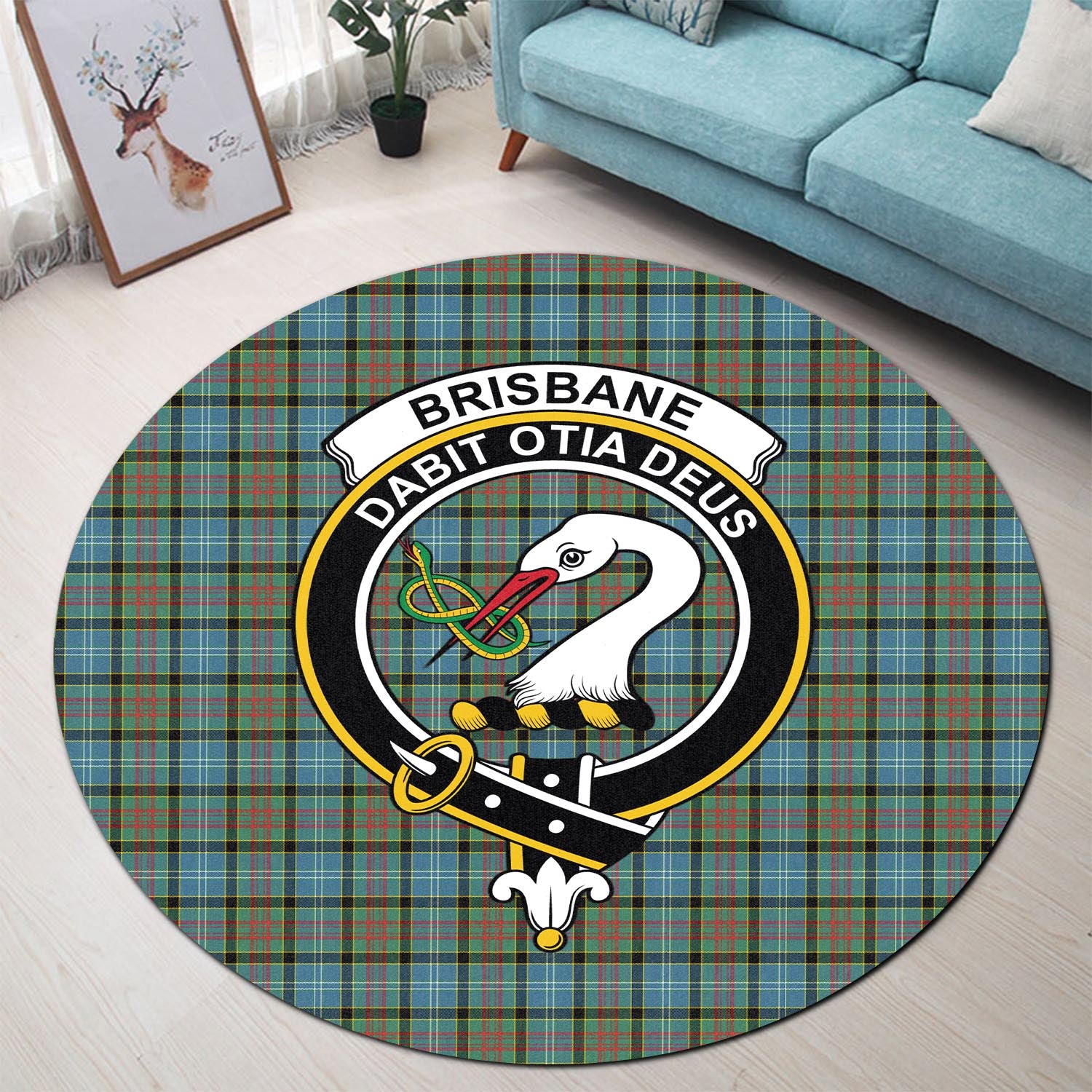 Brisbane modern Tartan Round Rug with Family Crest - Tartanvibesclothing