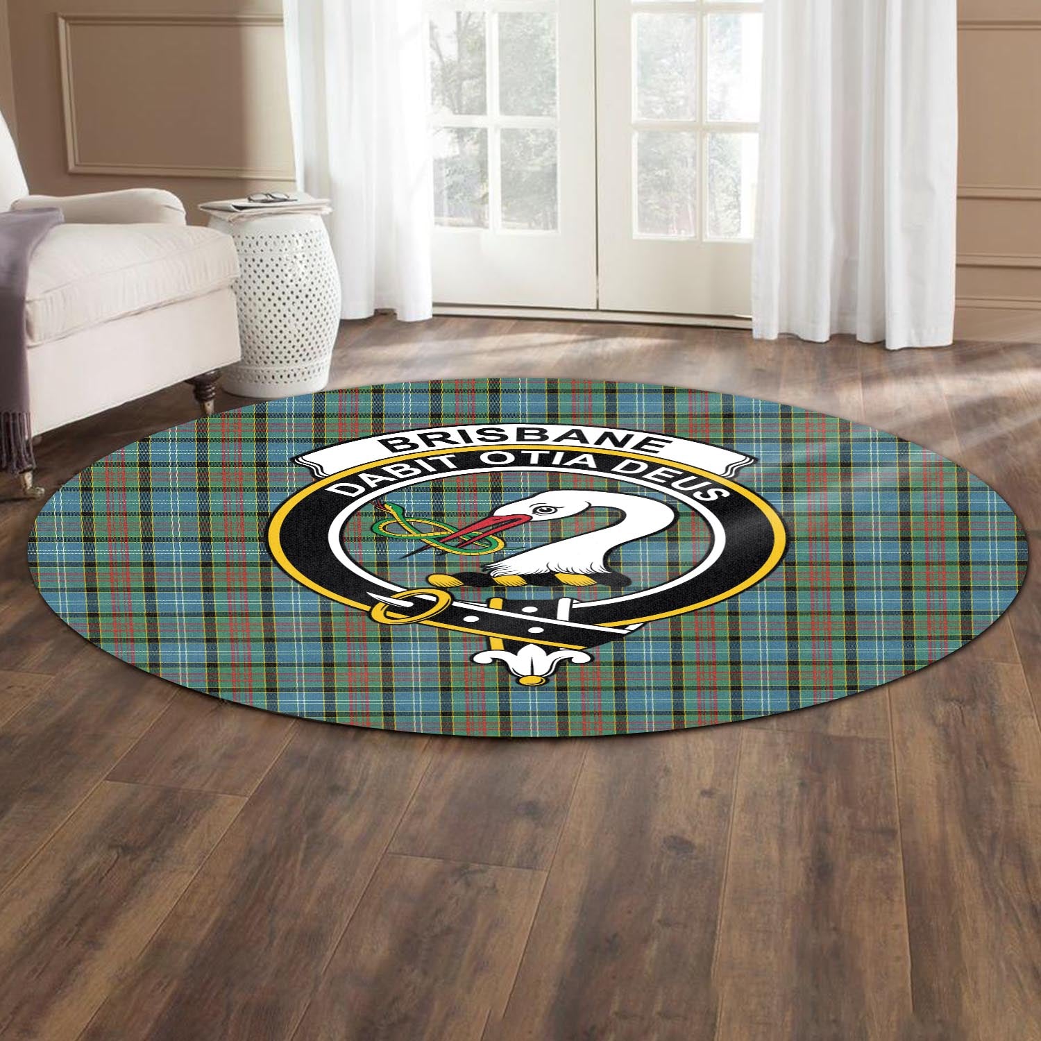 Brisbane modern Tartan Round Rug with Family Crest - Tartanvibesclothing