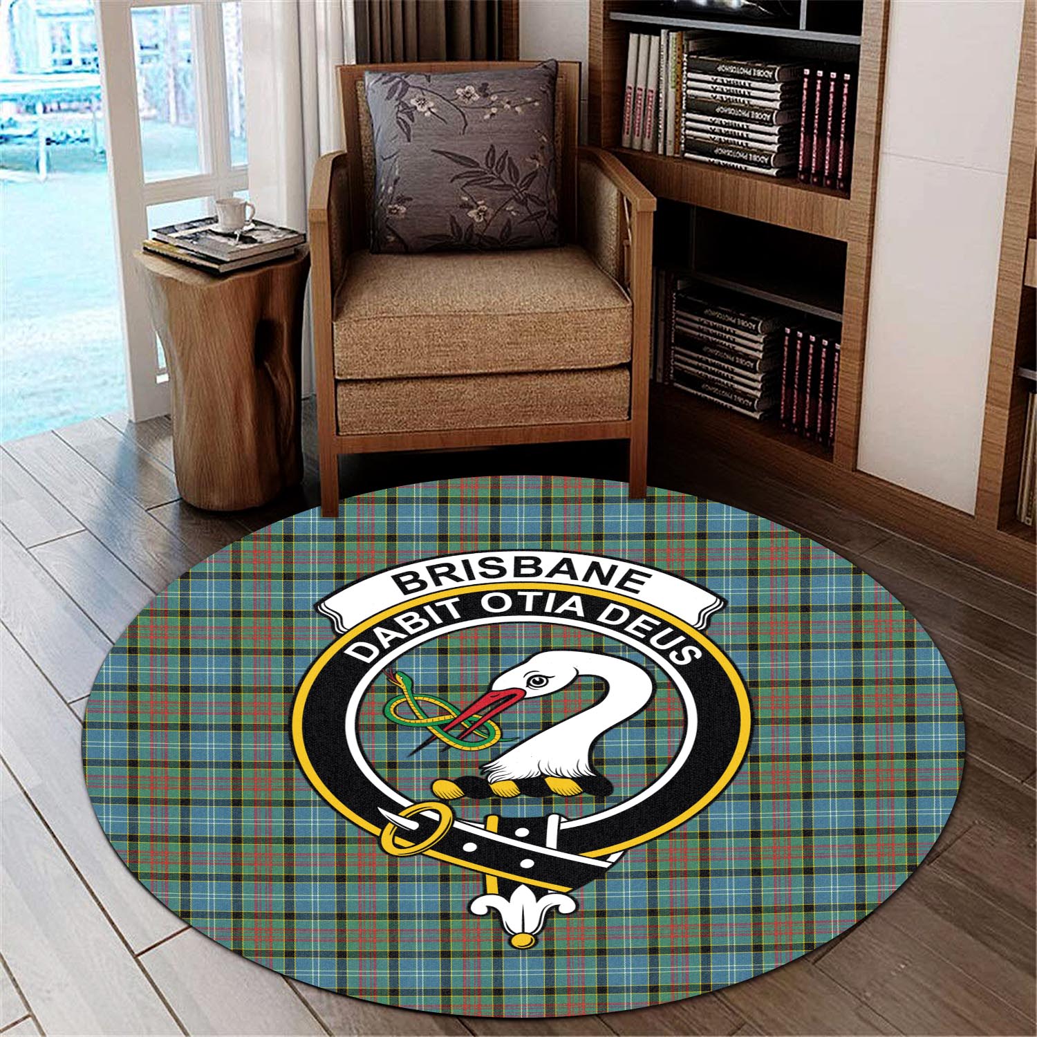 Brisbane modern Tartan Round Rug with Family Crest - Tartanvibesclothing