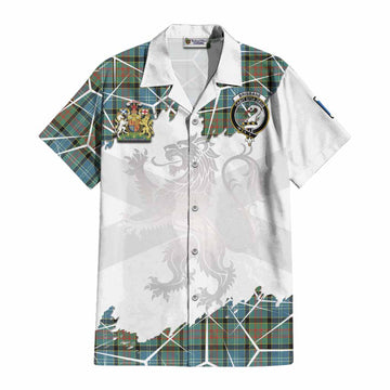 Brisbane Tartan Cotton Hawaiian Shirt with Family Crest and Lion Rampant Grunge Style
