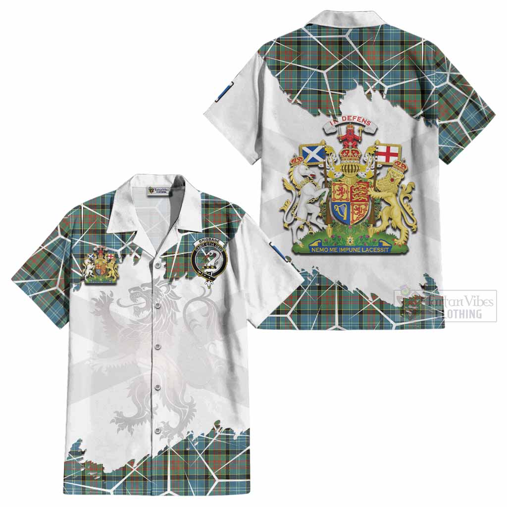 Brisbane Tartan Cotton Hawaiian Shirt with Family Crest and Lion Rampant Grunge Style
