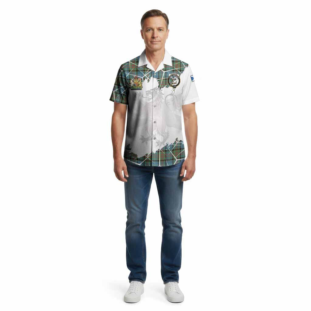 Brisbane Tartan Cotton Hawaiian Shirt with Family Crest and Lion Rampant Grunge Style