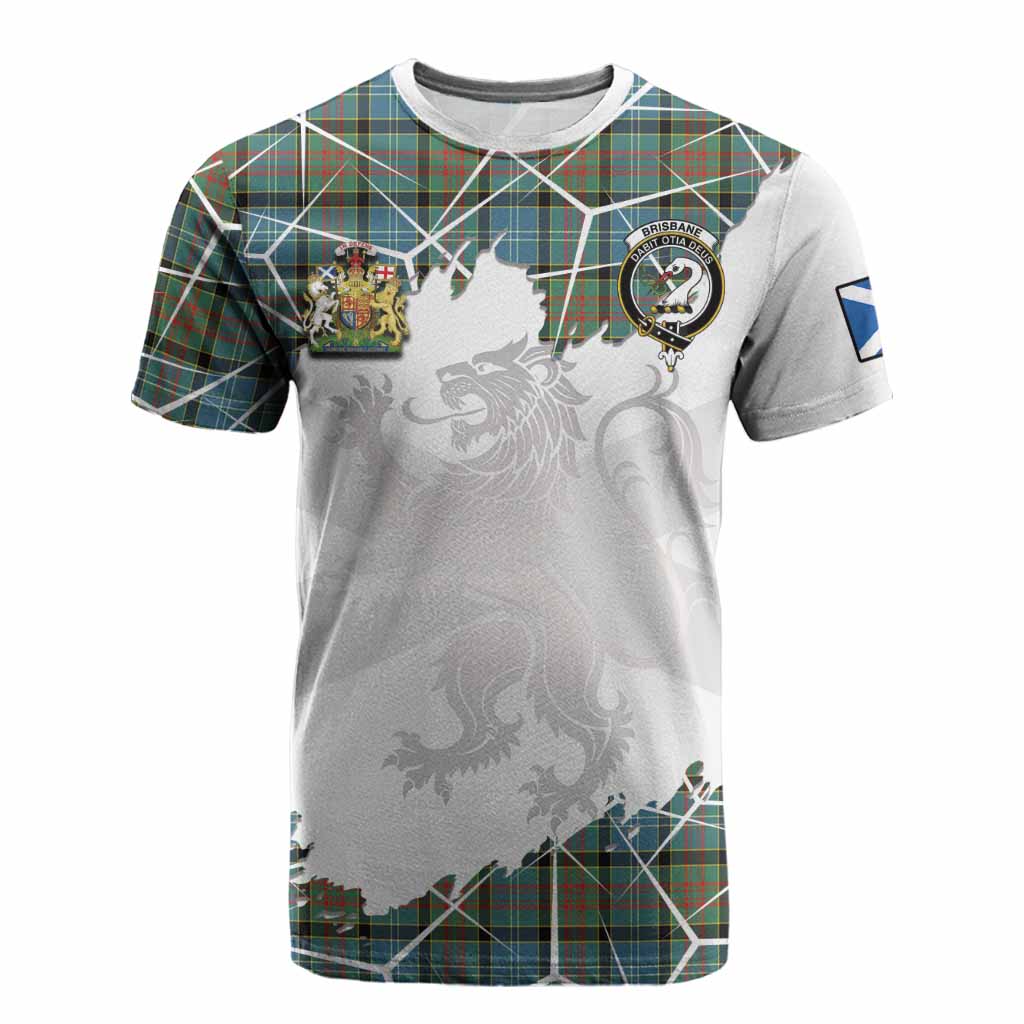 Brisbane Tartan Cotton T-shirt with Family Crest and Lion Rampant Grunge Style