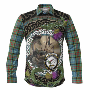 Brisbane Tartan Crest Bagpipe Nessie Long Sleeve Button Shirts Scottish Loch Ness Monster Celtic Thistle