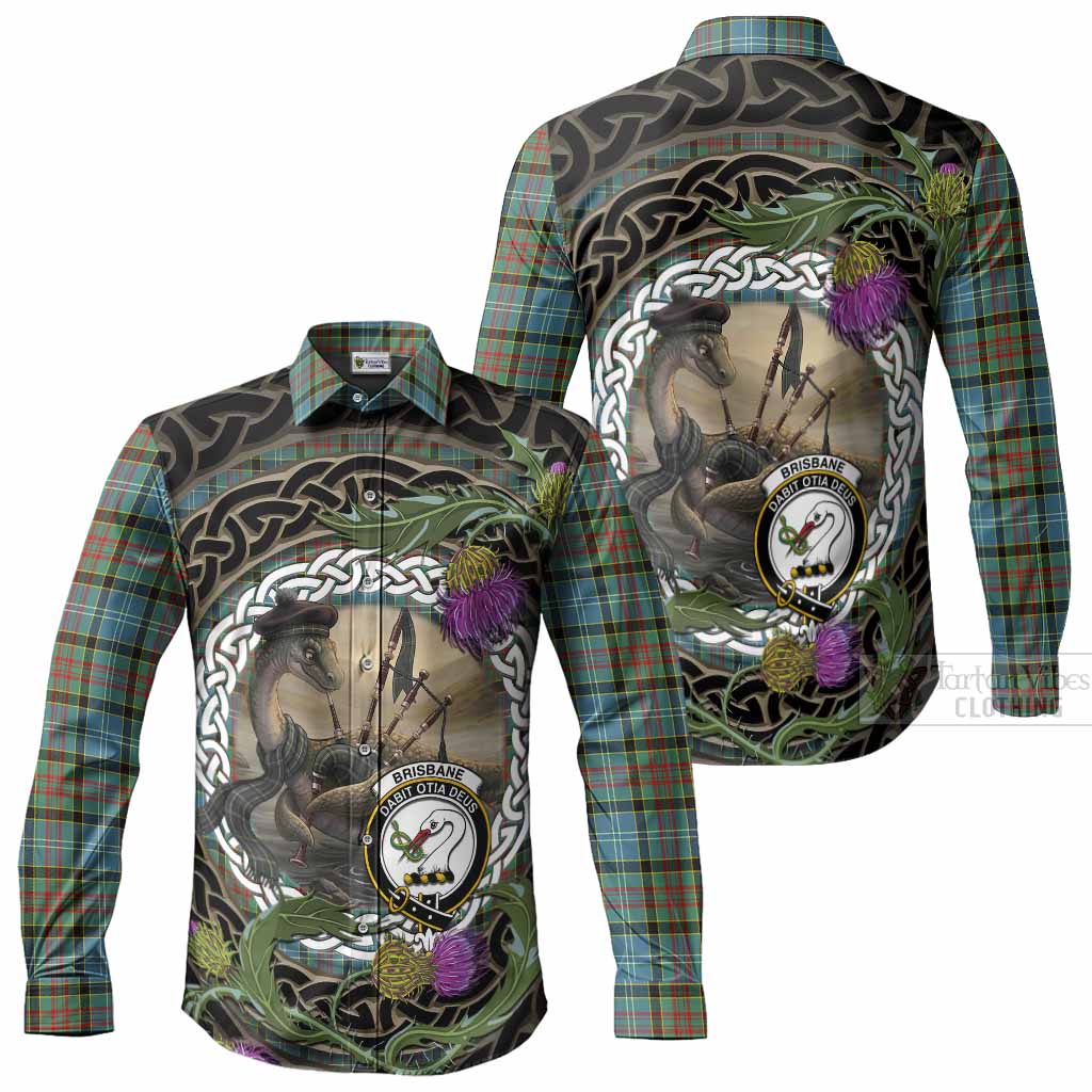 Brisbane Tartan Crest Bagpipe Nessie Long Sleeve Button Shirts Scottish Loch Ness Monster Celtic Thistle