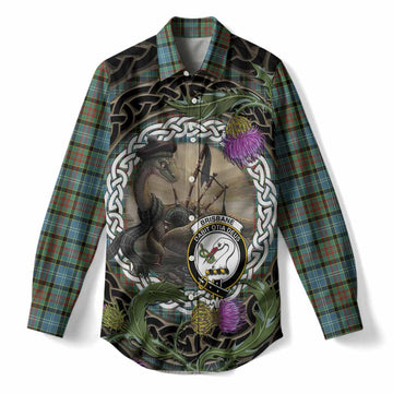 Brisbane Tartan Crest Bagpipe Nessie Women Casual Shirt Scottish Loch Ness Monster Celtic Thistle
