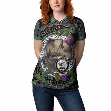 Brisbane Tartan Crest Bagpipe Nessie Women Polo Shirt Scottish Loch Ness Monster Celtic Thistle
