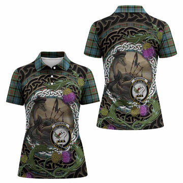 Brisbane Tartan Crest Bagpipe Nessie Women Polo Shirt Scottish Loch Ness Monster Celtic Thistle