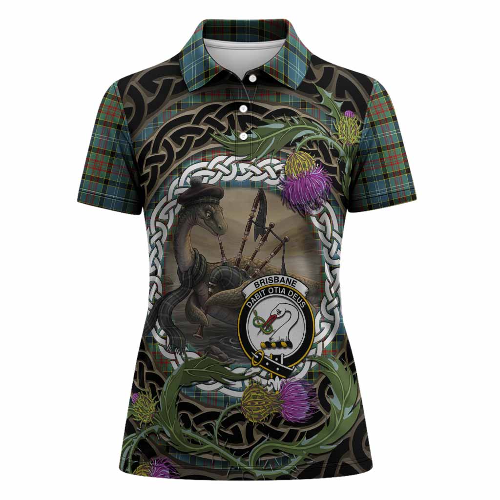 Brisbane Tartan Crest Bagpipe Nessie Women Polo Shirt Scottish Loch Ness Monster Celtic Thistle
