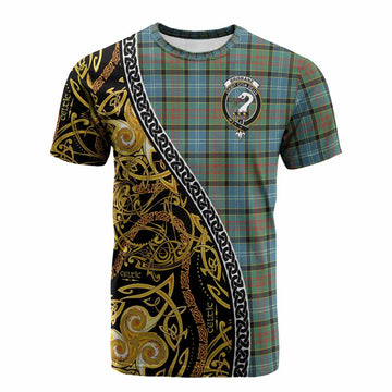 Brisbane Tartan Crest Cotton T-shirt Celtic Knot and Triple Trickle Spiral Symbols