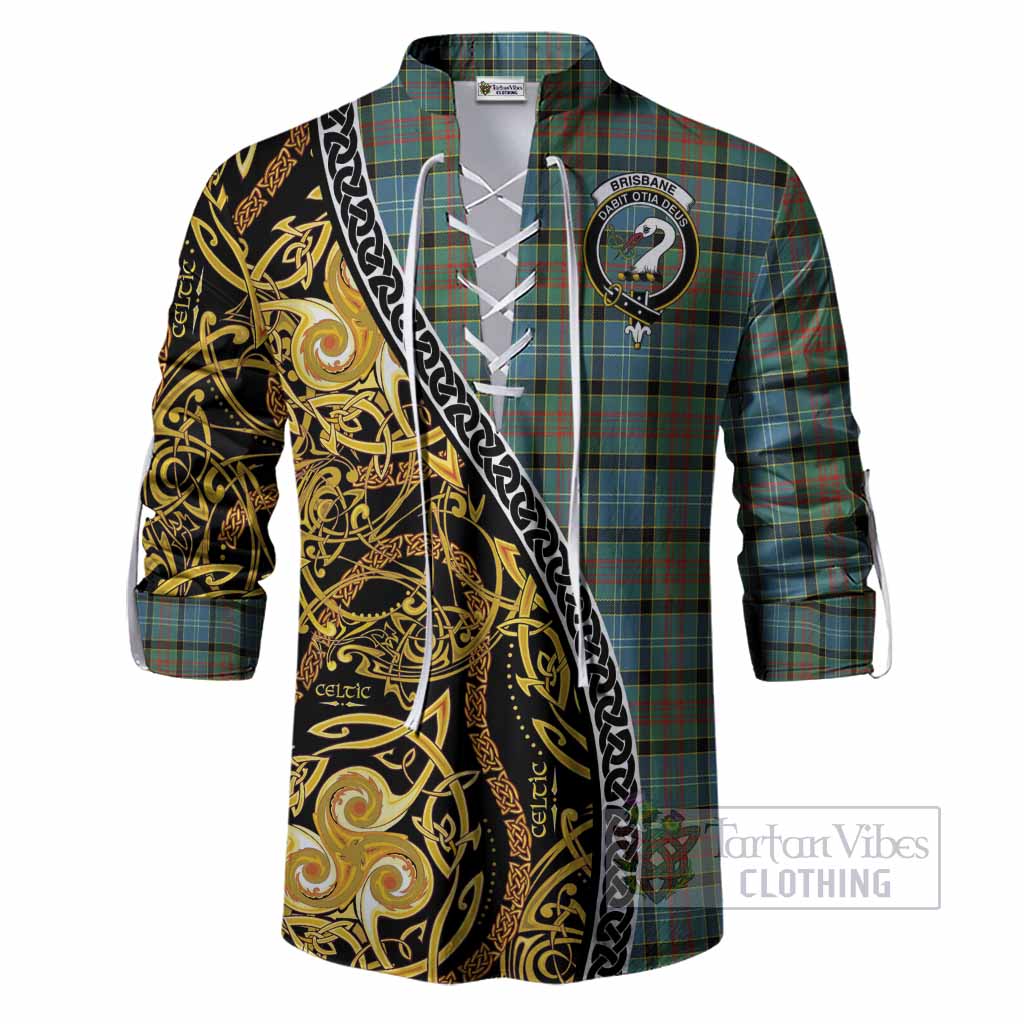 Brisbane Tartan Crest Ghillie Shirt Celtic Knot and Triple Trickle Spiral Symbols
