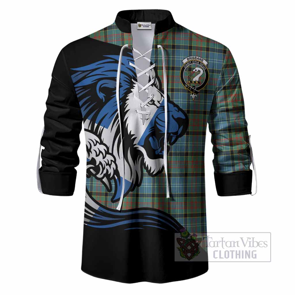 Brisbane Tartan Crest Ghillie Shirt Scottish Golden Lions Wave Flow