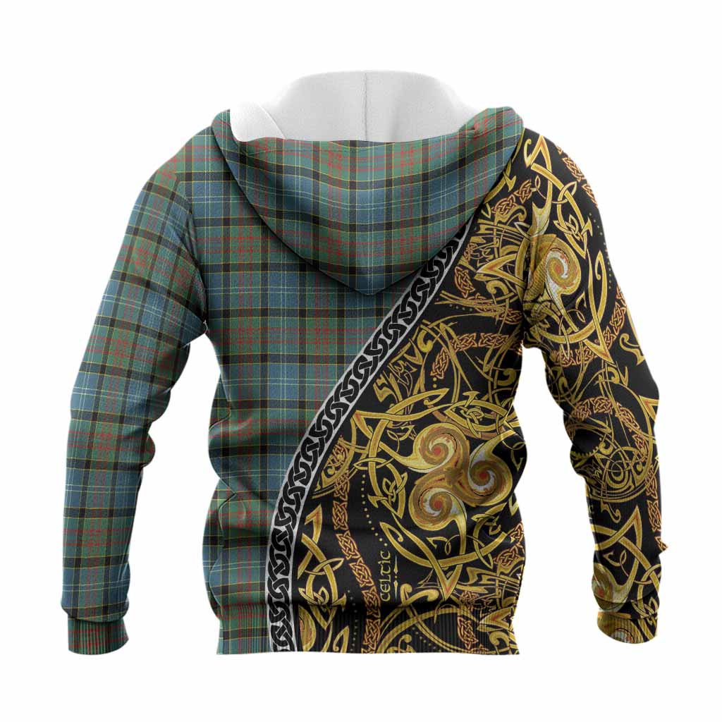 Brisbane Tartan Crest Knitted Hoodie Celtic Knot and Triple Trickle Spiral Symbols