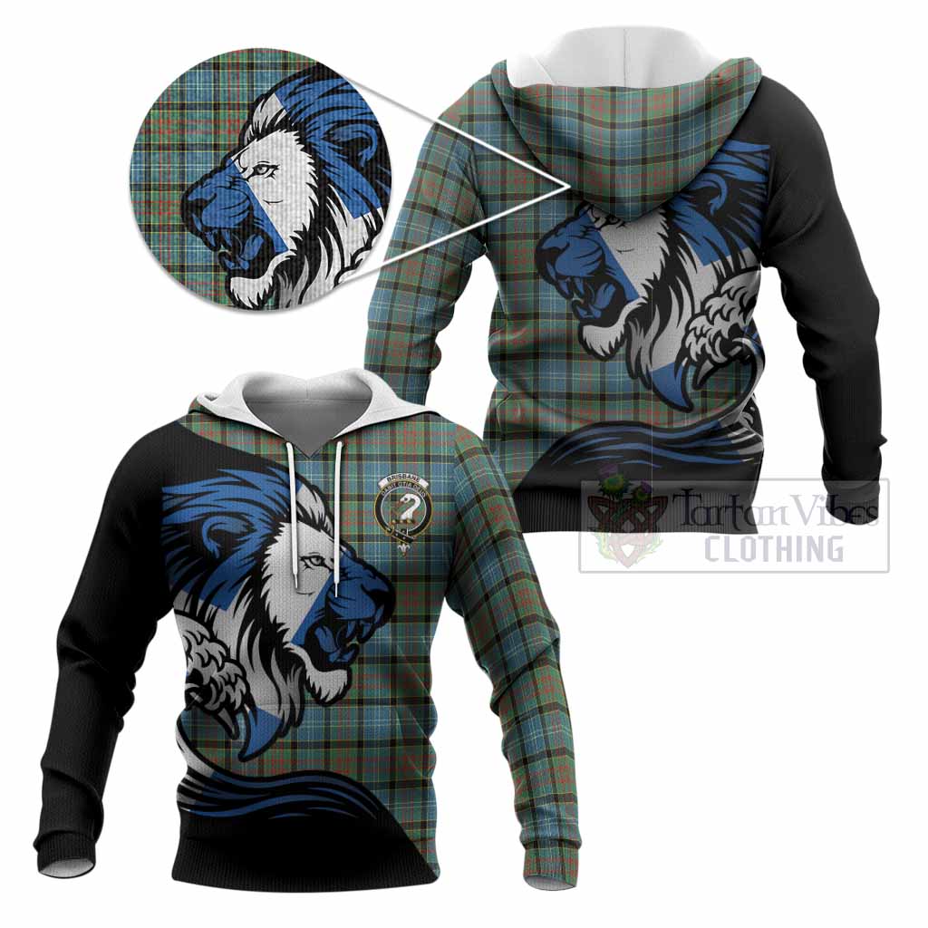 Brisbane Tartan Crest Knitted Hoodie Scottish Golden Lions Wave Flow