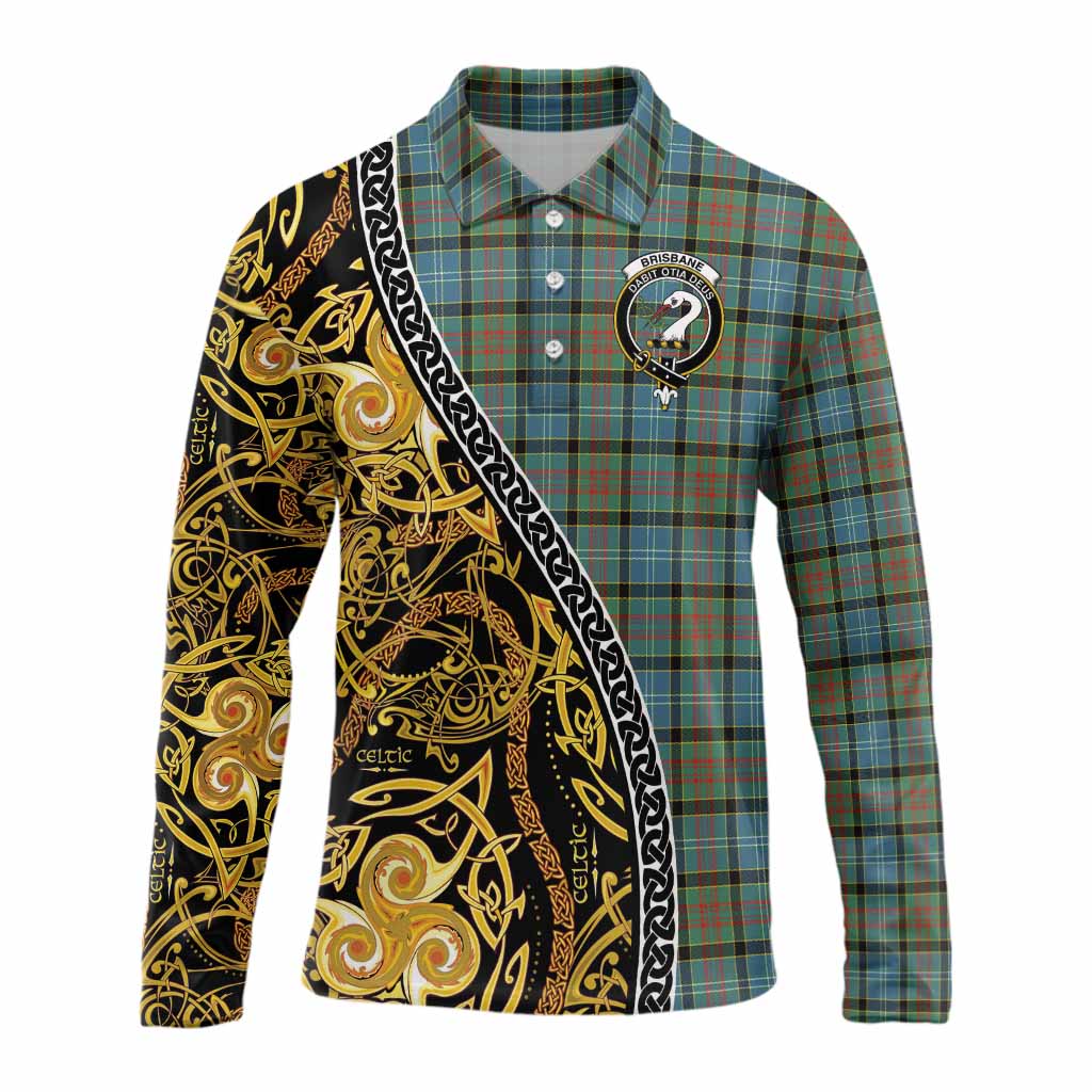 Brisbane Tartan Crest Long Sleeve Polo Shirt Celtic Knot and Triple Trickle Spiral Symbols