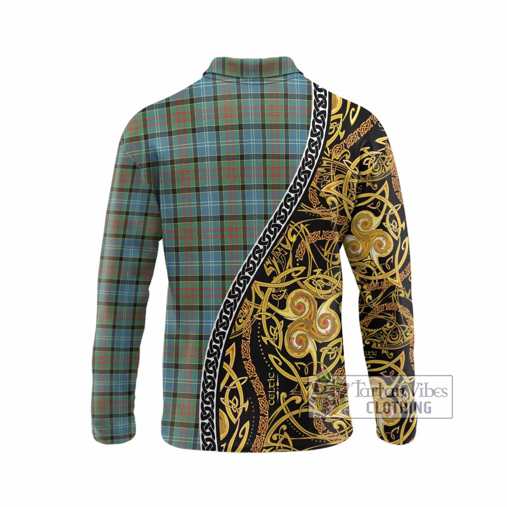 Brisbane Tartan Crest Long Sleeve Polo Shirt Celtic Knot and Triple Trickle Spiral Symbols