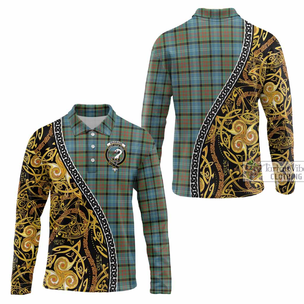 Brisbane Tartan Crest Long Sleeve Polo Shirt Celtic Knot and Triple Trickle Spiral Symbols
