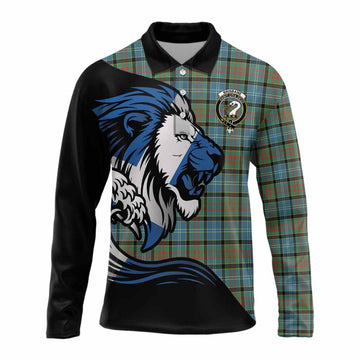 Brisbane Tartan Crest Long Sleeve Polo Shirt Scottish Golden Lions Wave Flow