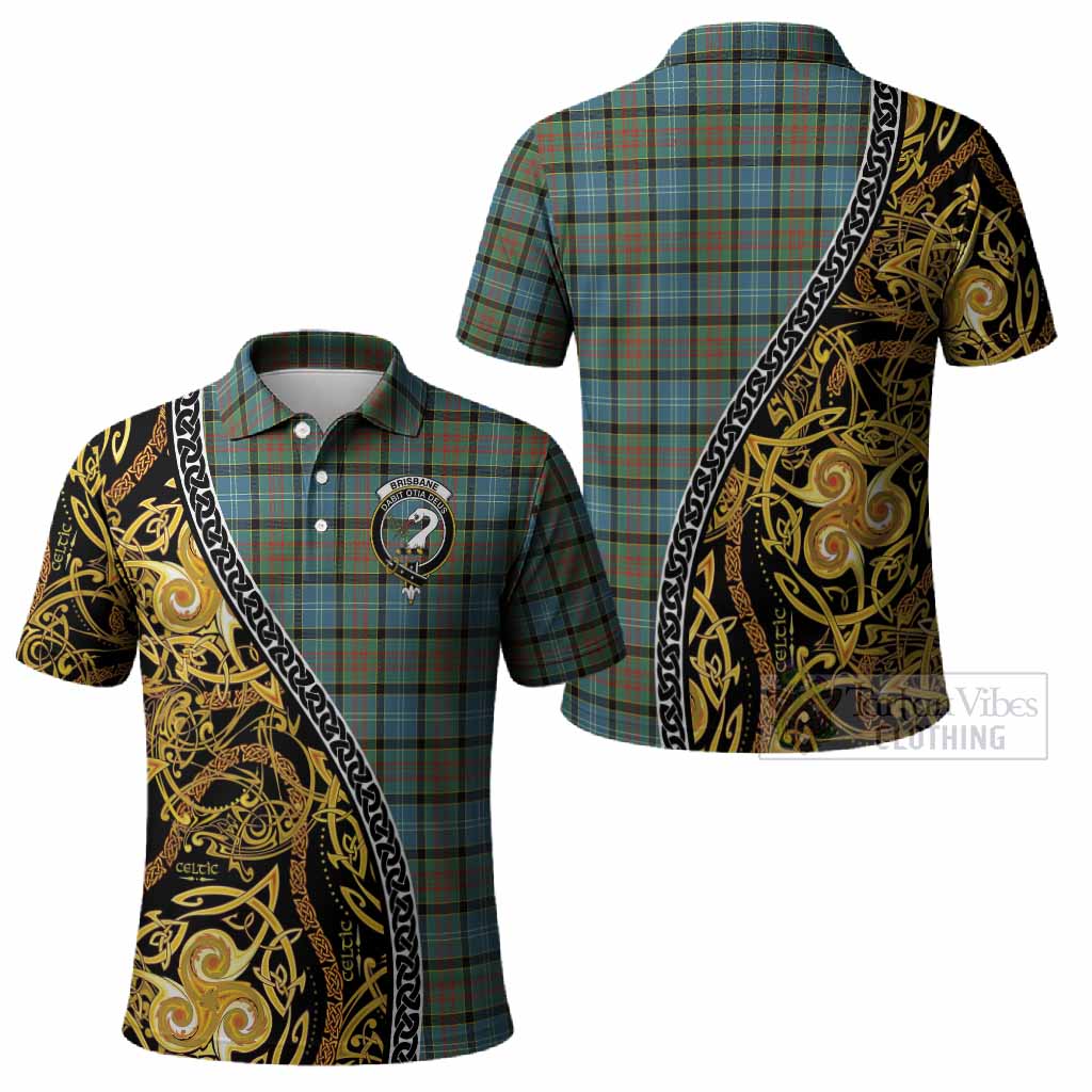 Brisbane Tartan Crest Polo Shirt Celtic Knot and Triple Trickle Spiral Symbols