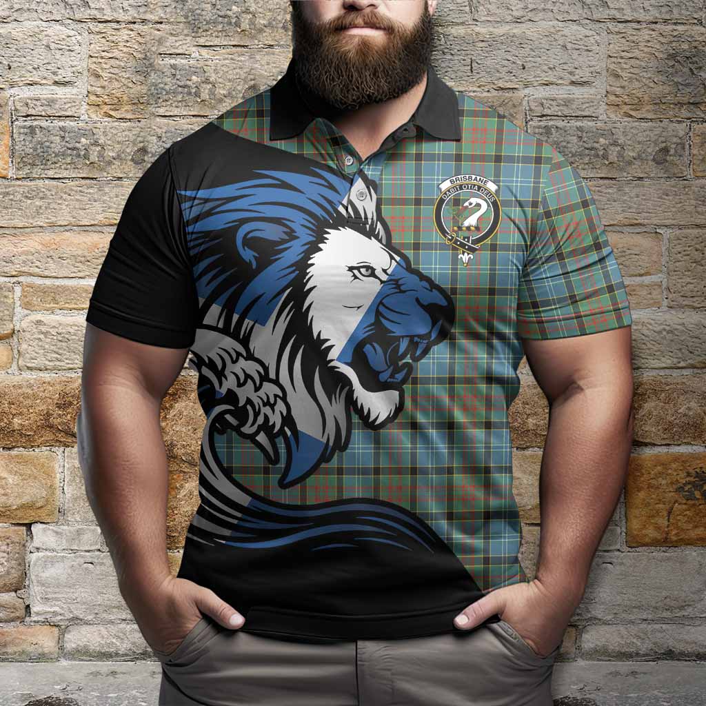Brisbane Tartan Crest Polo Shirt Scottish Golden Lions Wave Flow